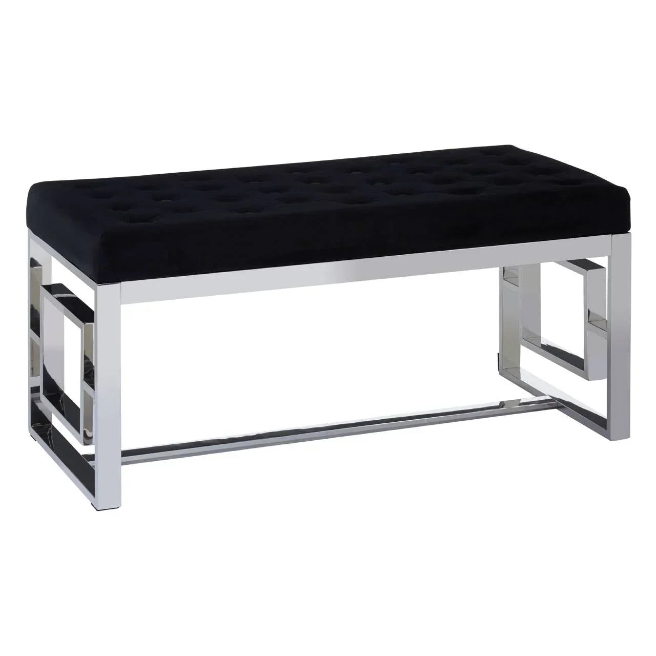 Black velvet bench with chrome metal legs and geometric side frame design