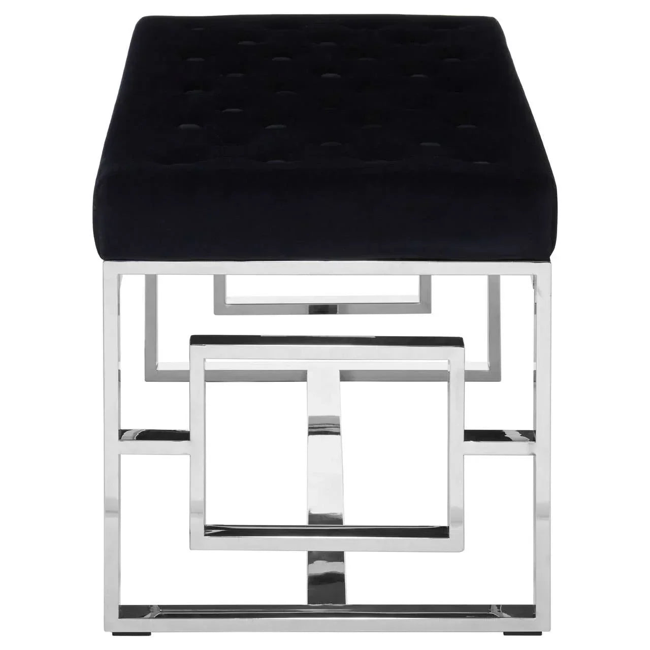 Black velvet bench with tufted seat and geometric chrome metal legs, front view