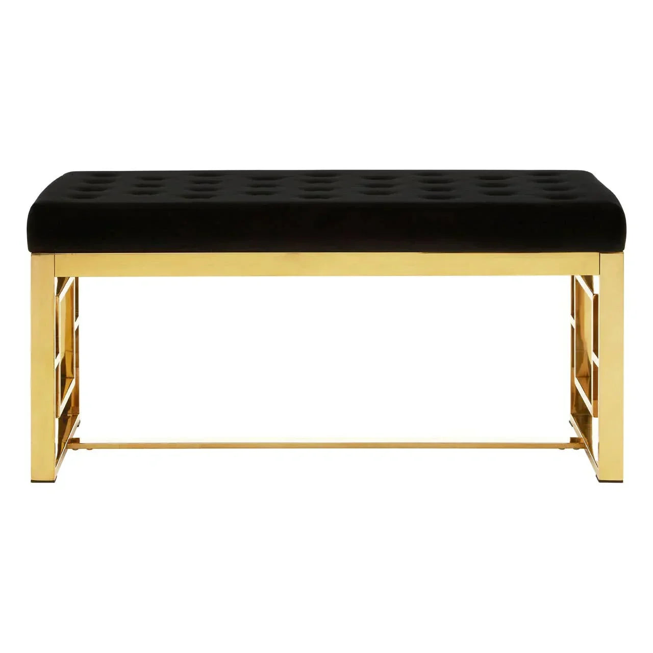 Black velvet bench with gold metal legs and tufted seat, front view