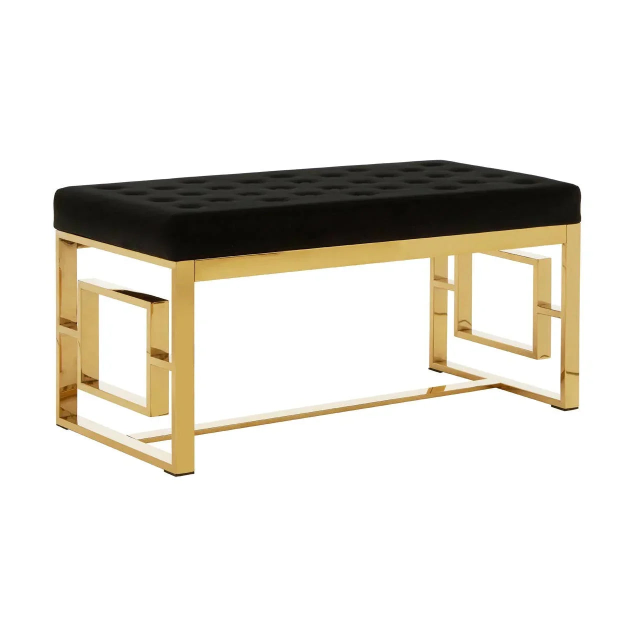 Black velvet bench with gold metal geometric frame, tufted seat, modern furniture accent