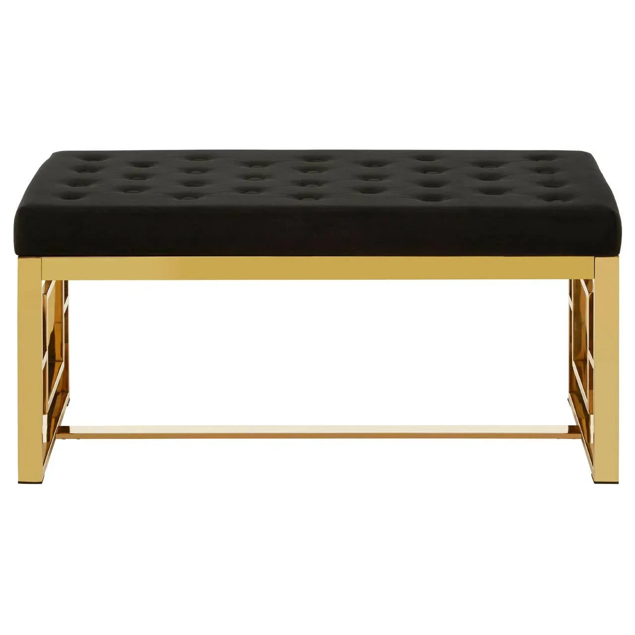 Black velvet bench with gold metal frame and tufted seat, front view