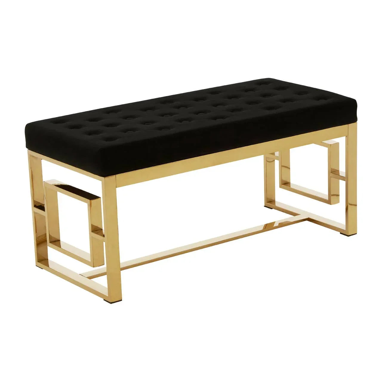 Velvet bench with tufted black seat and gold metal geometric frame