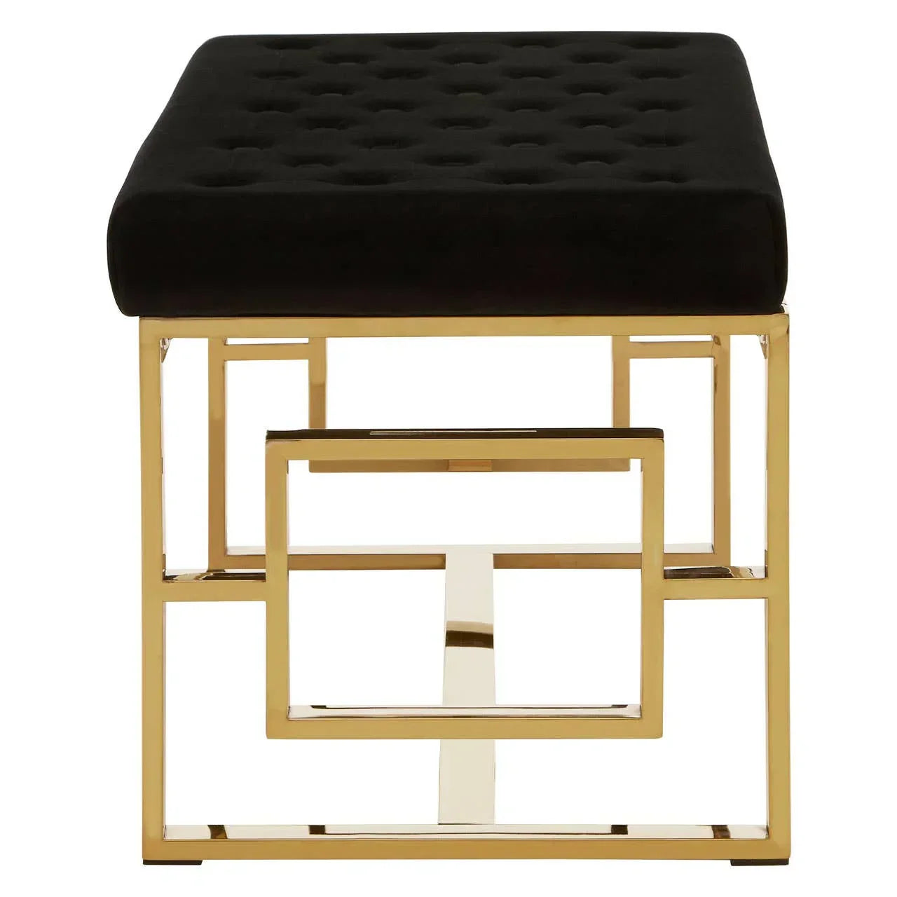 Black velvet ottoman with gold metal geometric frame, front view
