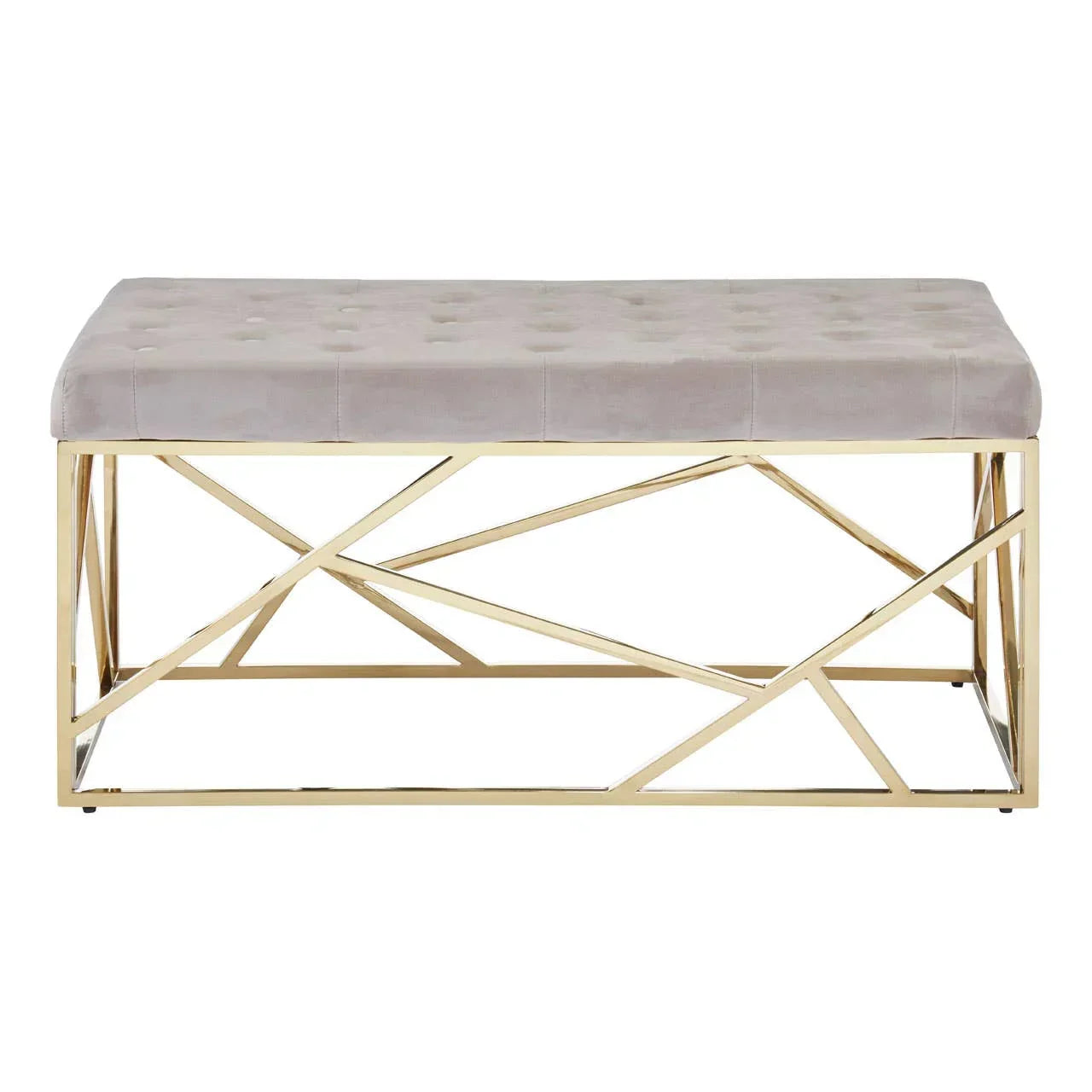 Velvet upholstered bench with tufted seat and gold metal geometric base