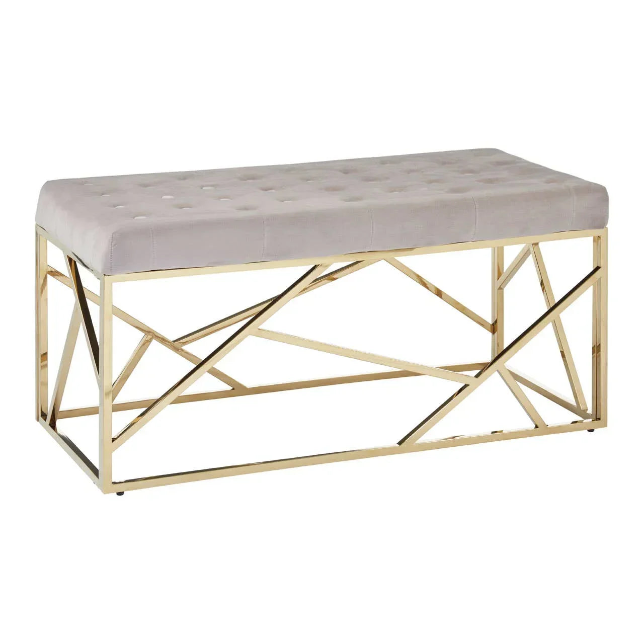Velvet bench with tufted seat and gold metal geometric frame