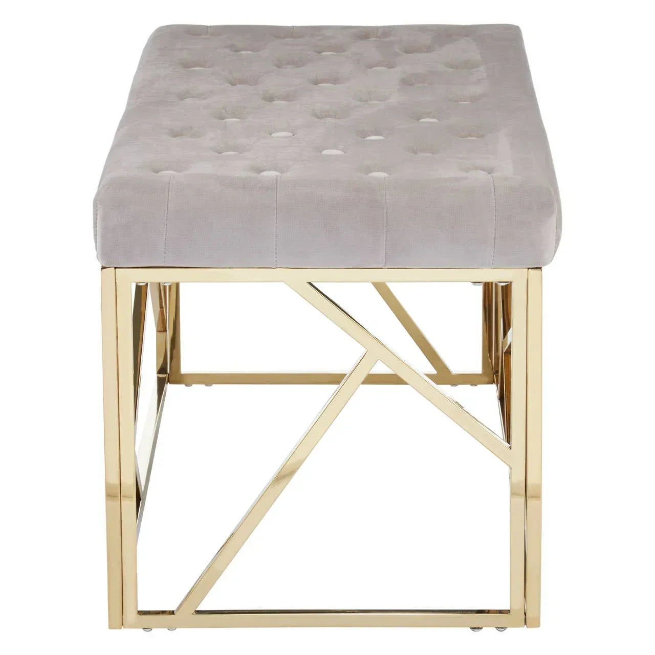 Velvet upholstered bench with gold metal geometric frame and tufted top, front view