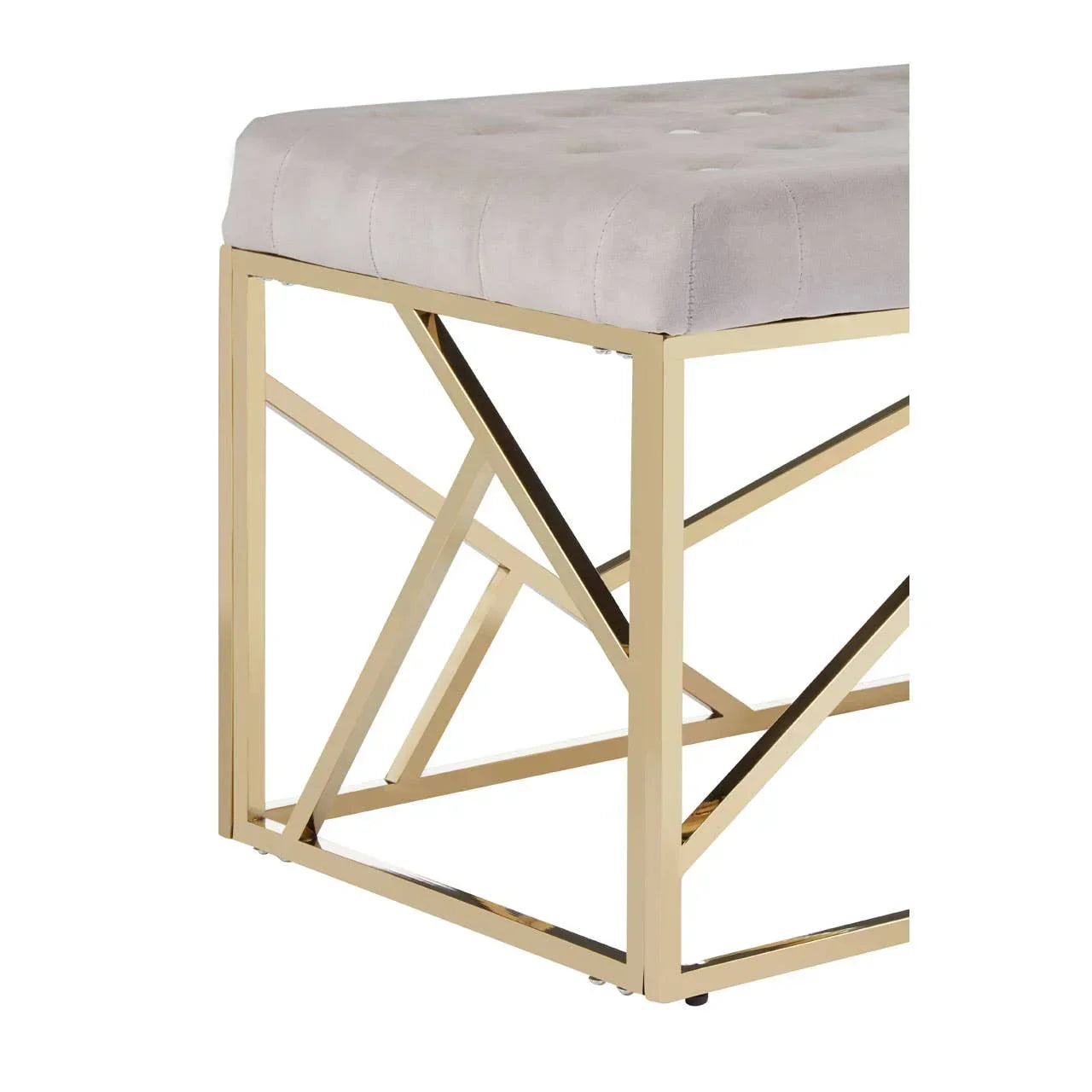 Gold metal bench base with grey tufted upholstered seat, modern geometric design