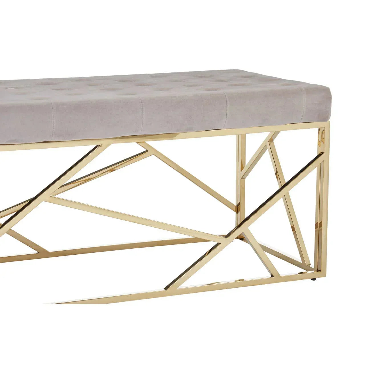 Beige upholstered bench with gold metal geometric frame