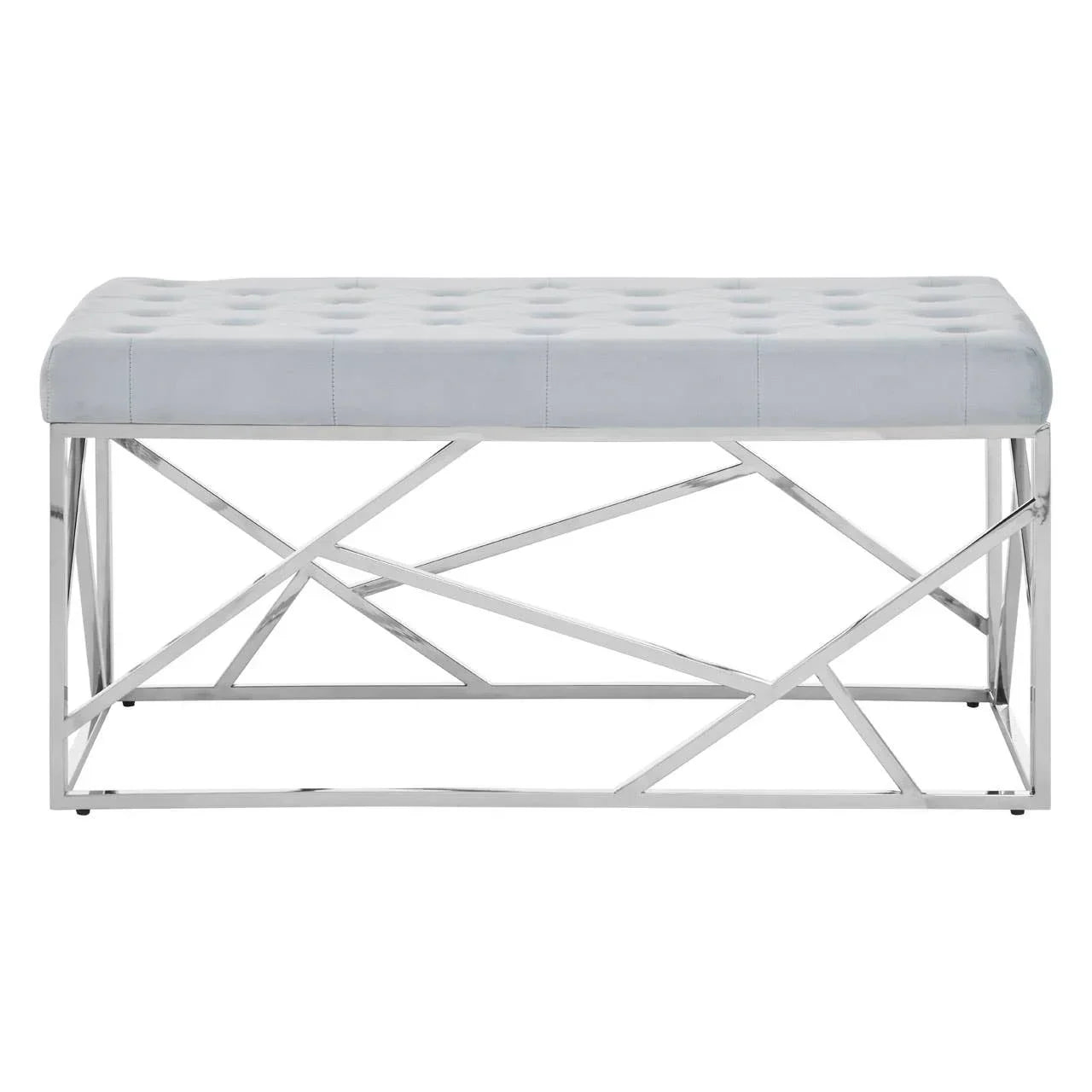 Grey upholstered bench with button tufted seat and chrome geometric metal base