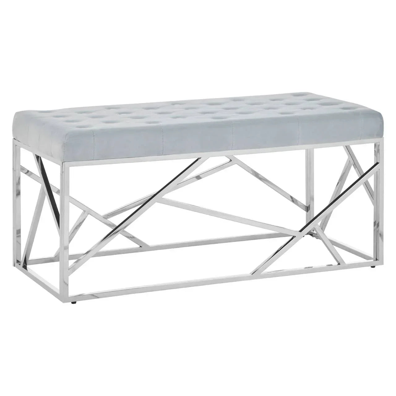 Grey upholstered bench with chrome metal geometric frame, tufted seat, modern design