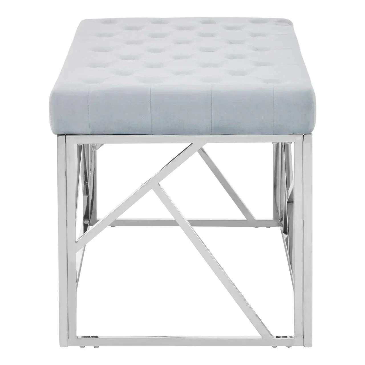 Modern bench with light grey tufted seat and chrome geometric metal legs front view