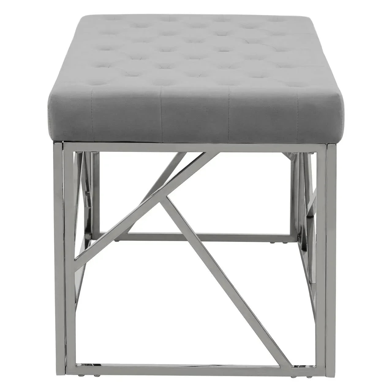 Grey upholstered bench with chrome metal geometric frame, front angle view