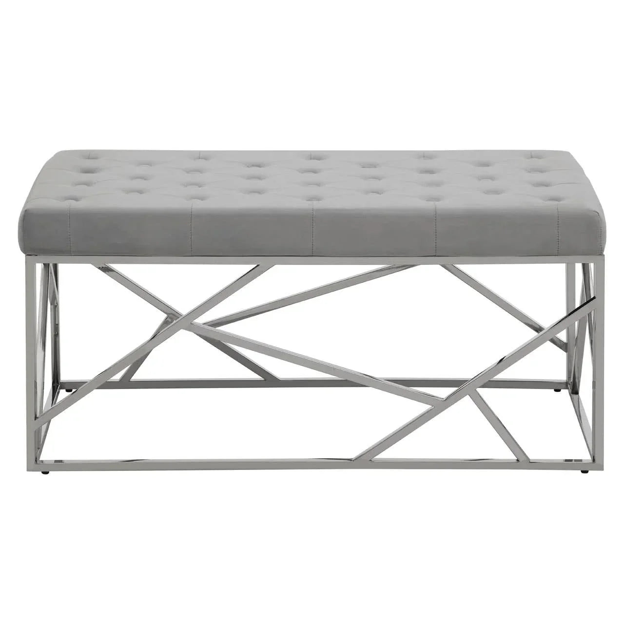 Grey tufted bench with chrome metal geometric base, front view