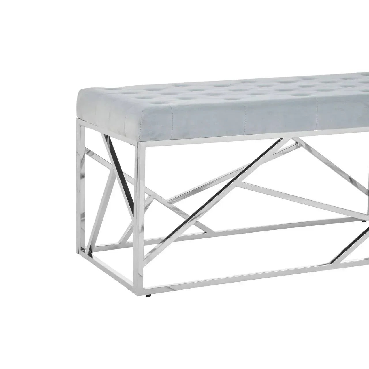 Light grey upholstered bench with chrome metal frame and geometric legs