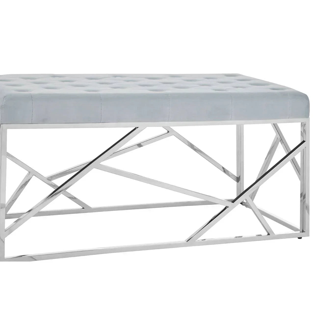 Grey velvet bench with tufted seat and geometric chrome metal base