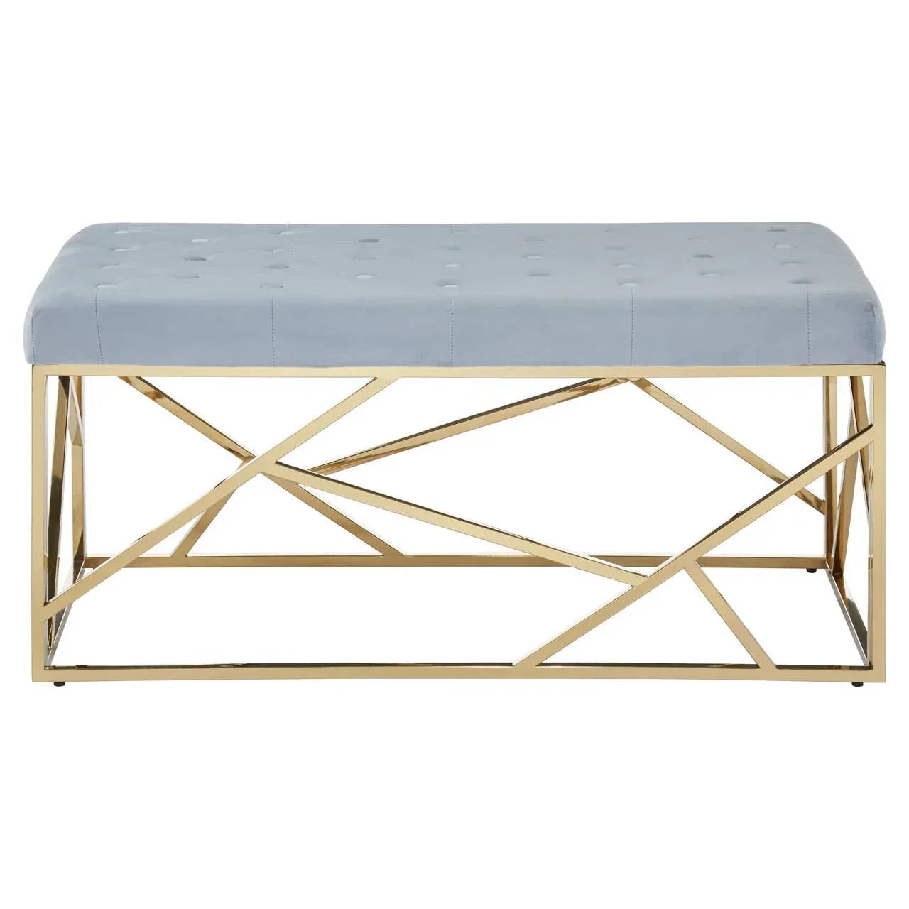Light blue upholstered bench with tufted seat and gold metal geometric base
