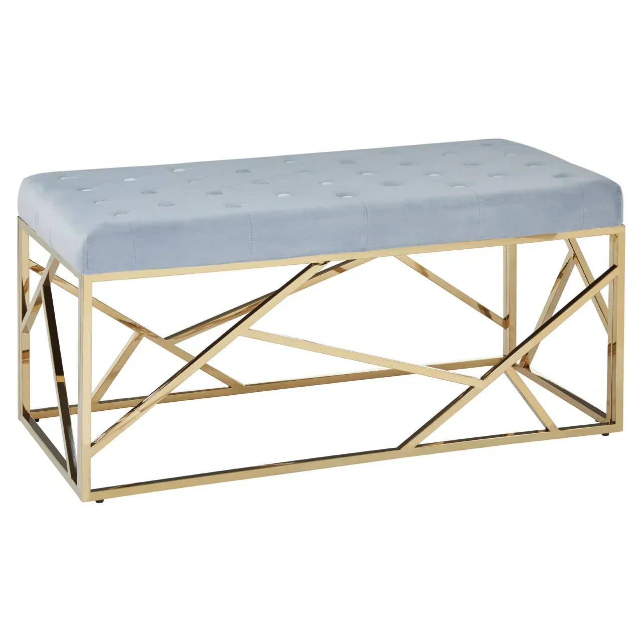 Grey velvet upholstered bench with tufted seat and gold metal geometric frame