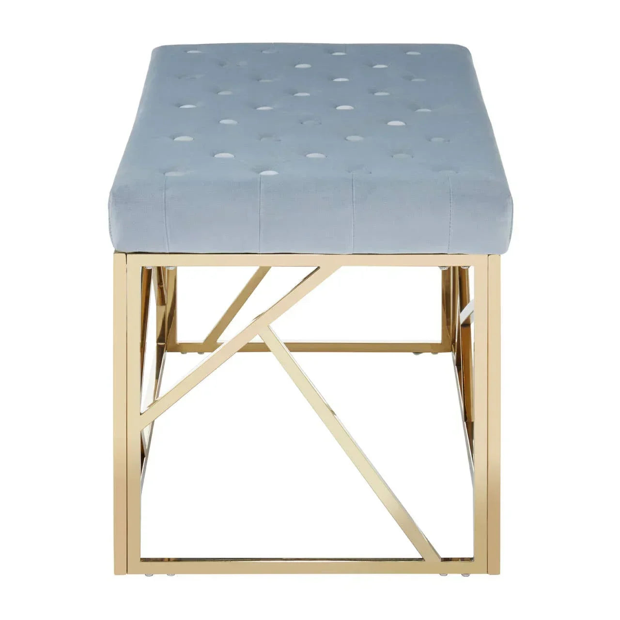 Velvet bench with light blue tufted seat and gold metal geometric frame, front view