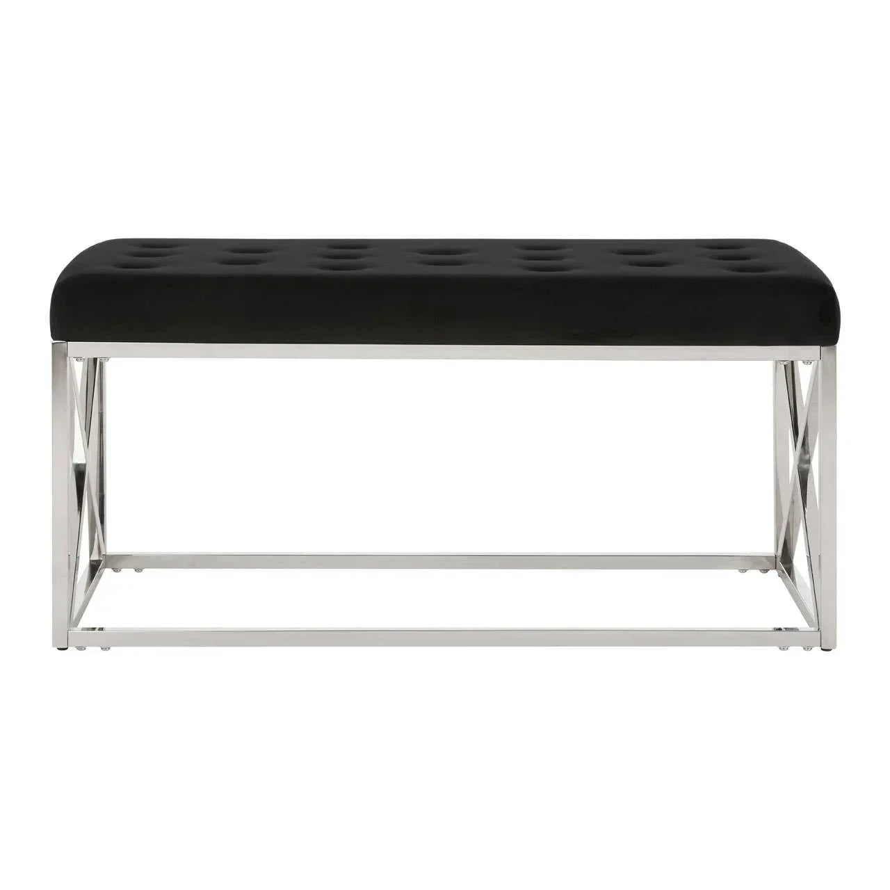Black velvet bench with chrome metal frame and tufted seat, front view