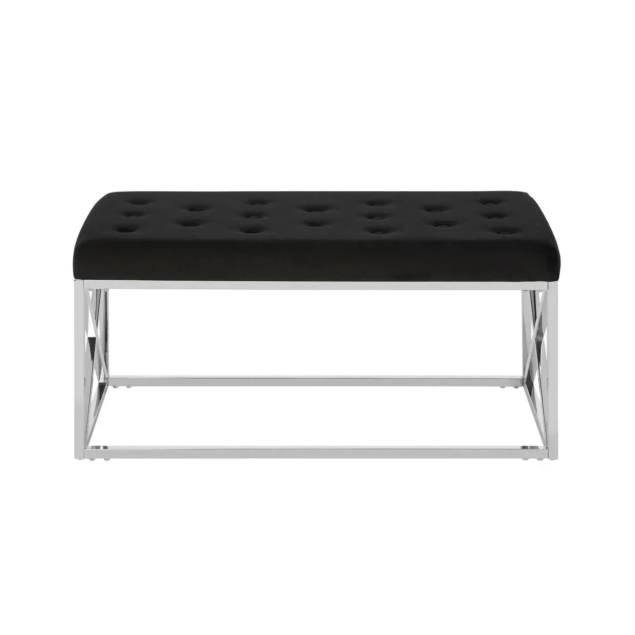 Black velvet bench with tufted seat and chrome metal frame, front view