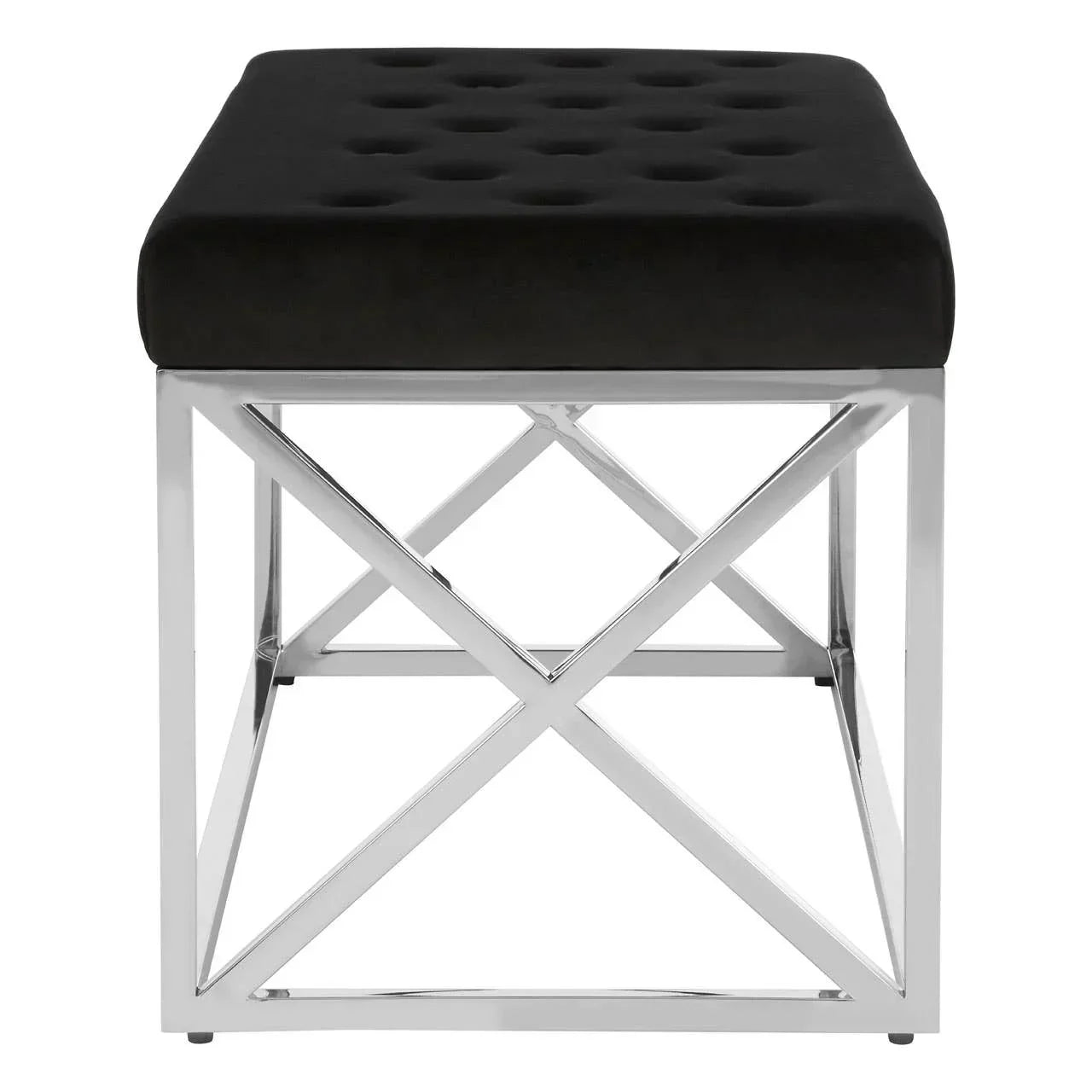 Black velvet bench with tufted seat and chrome metal frame, front view