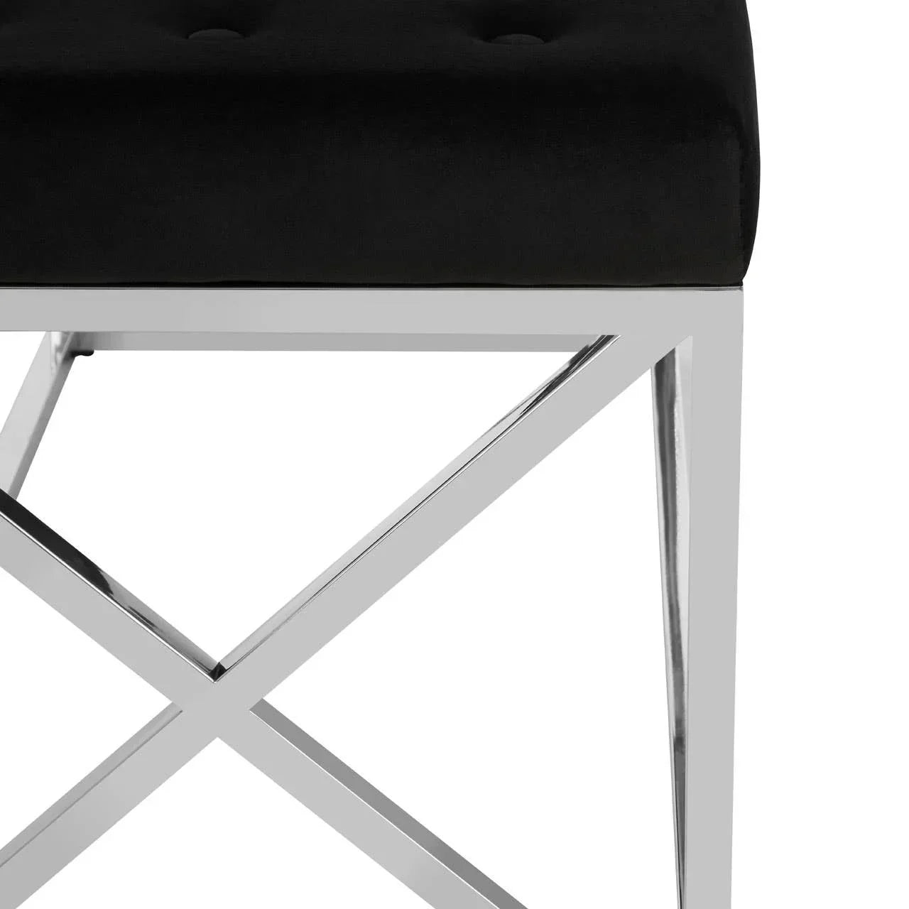 Velvet upholstered stool with chrome metal legs and cross frame detail