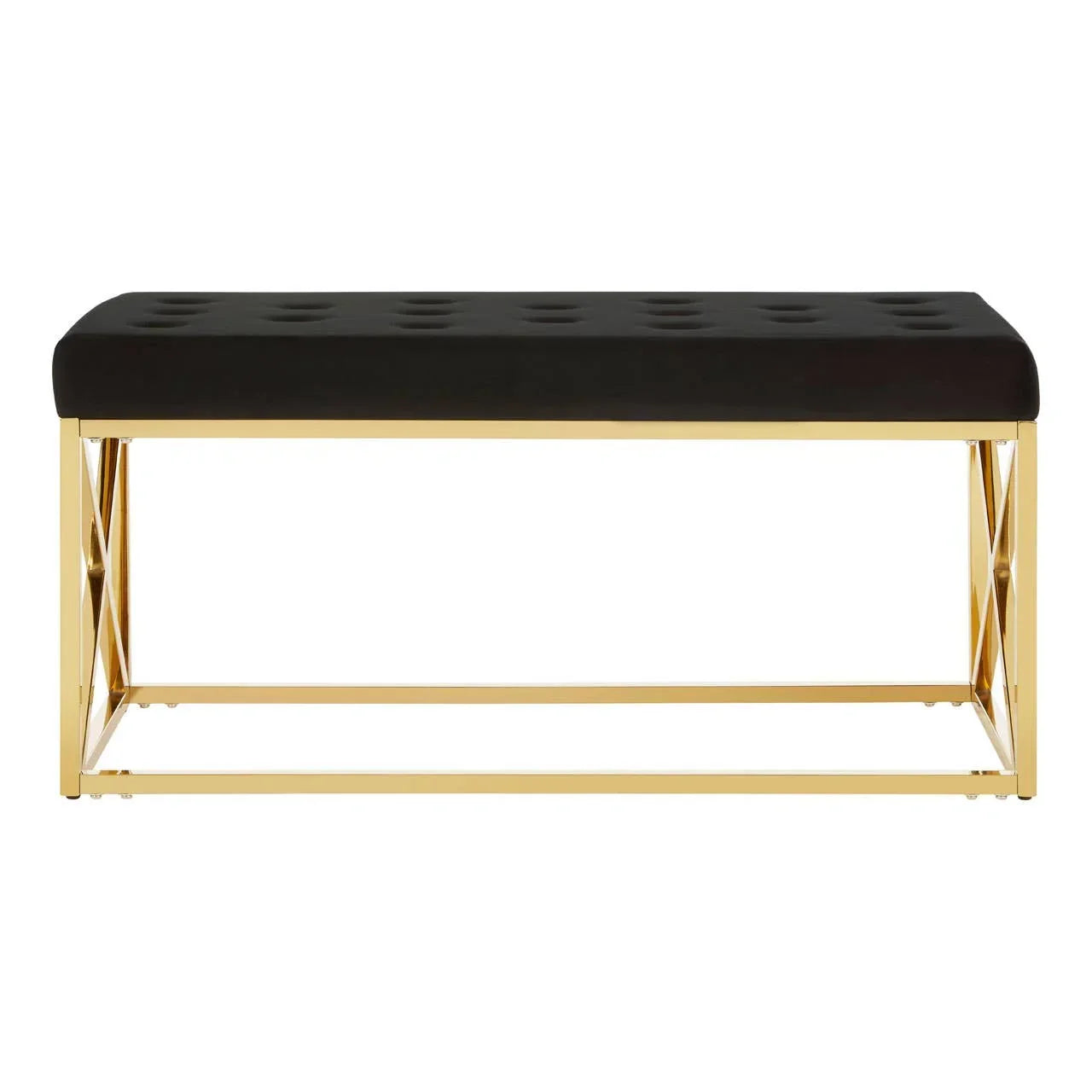 Black velvet bench with gold metal frame and tufted seat, front view