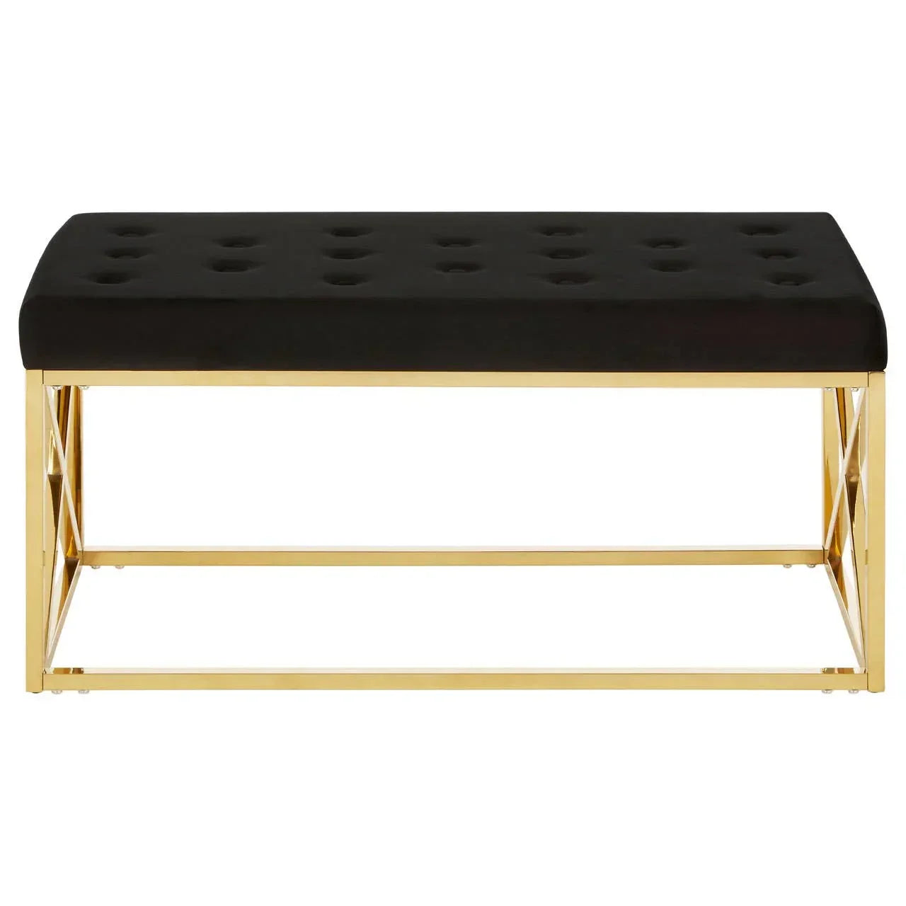 Black upholstered bench with gold metal frame and tufted seat, front view