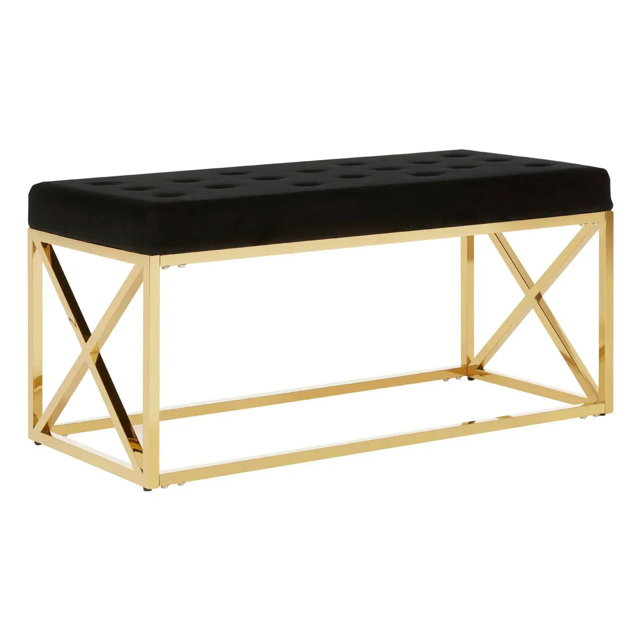 Velvet bench with black tufted cushion and gold metal frame, modern geometric design