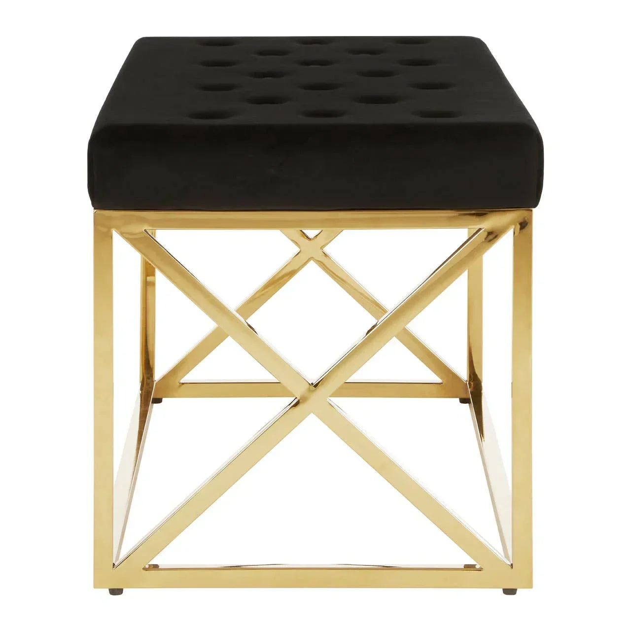 Black velvet bench with gold metal geometric base, front view