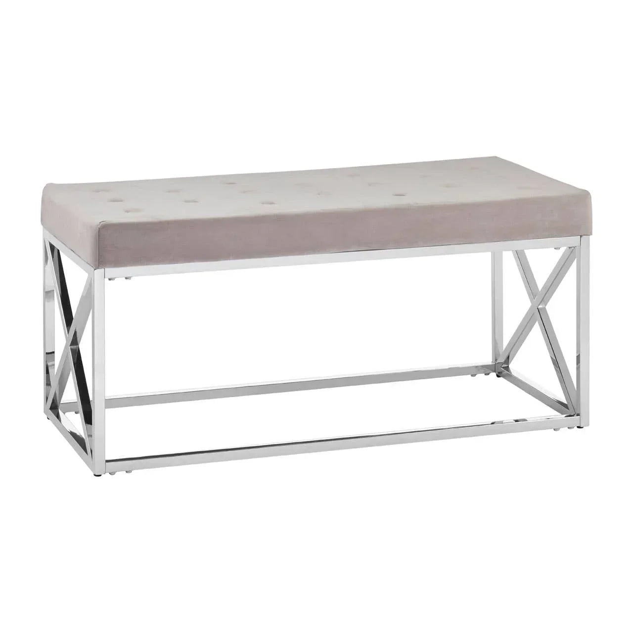 Velvet upholstered bench with chrome metal frame and button tufting, side angle view