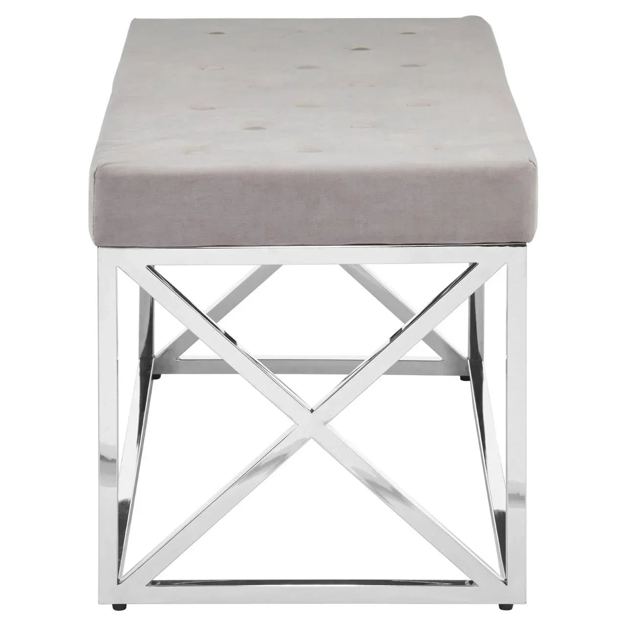 Grey upholstered bench with chrome metal frame and geometric base, front view