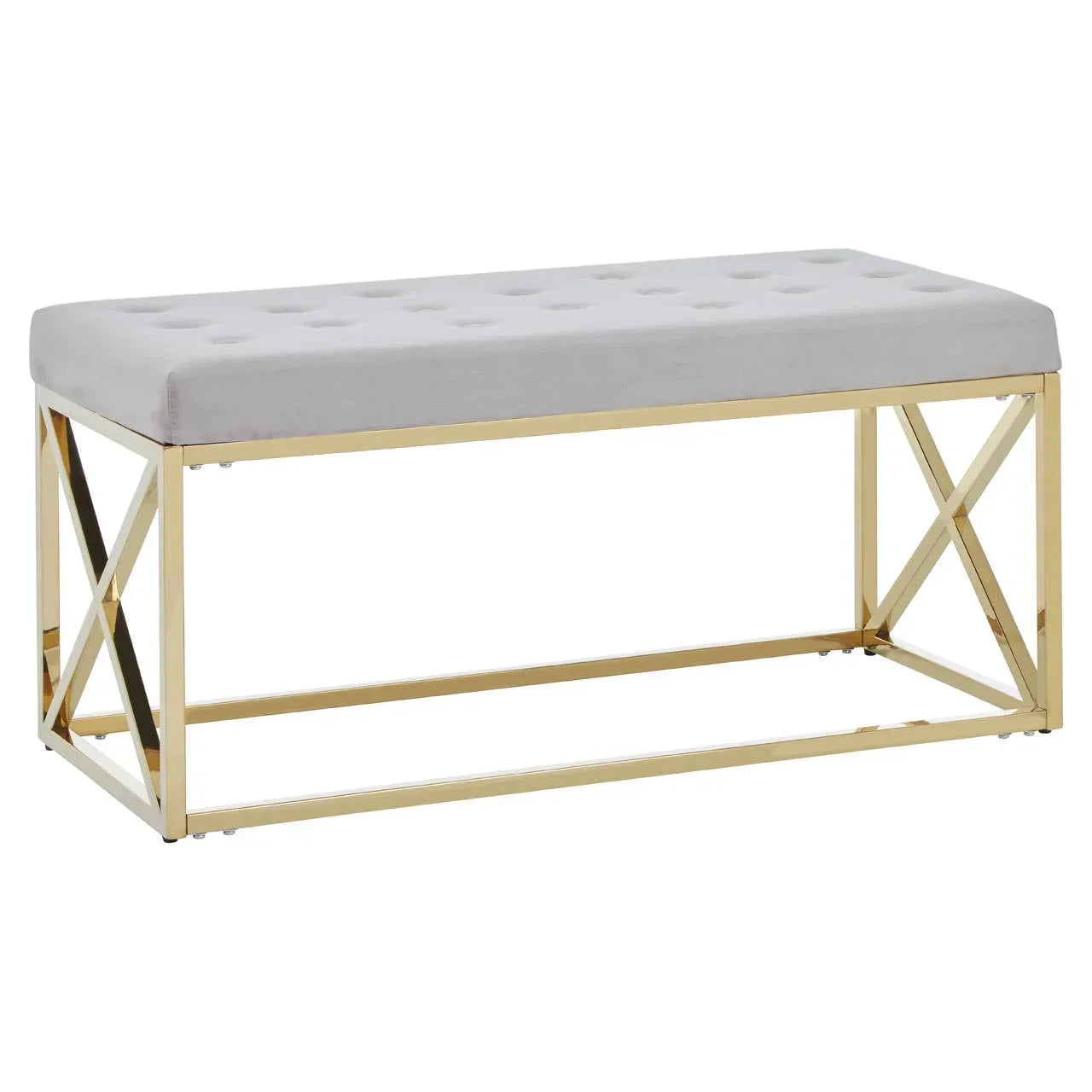 Grey velvet bench with tufted seat and gold metal frame, angled view