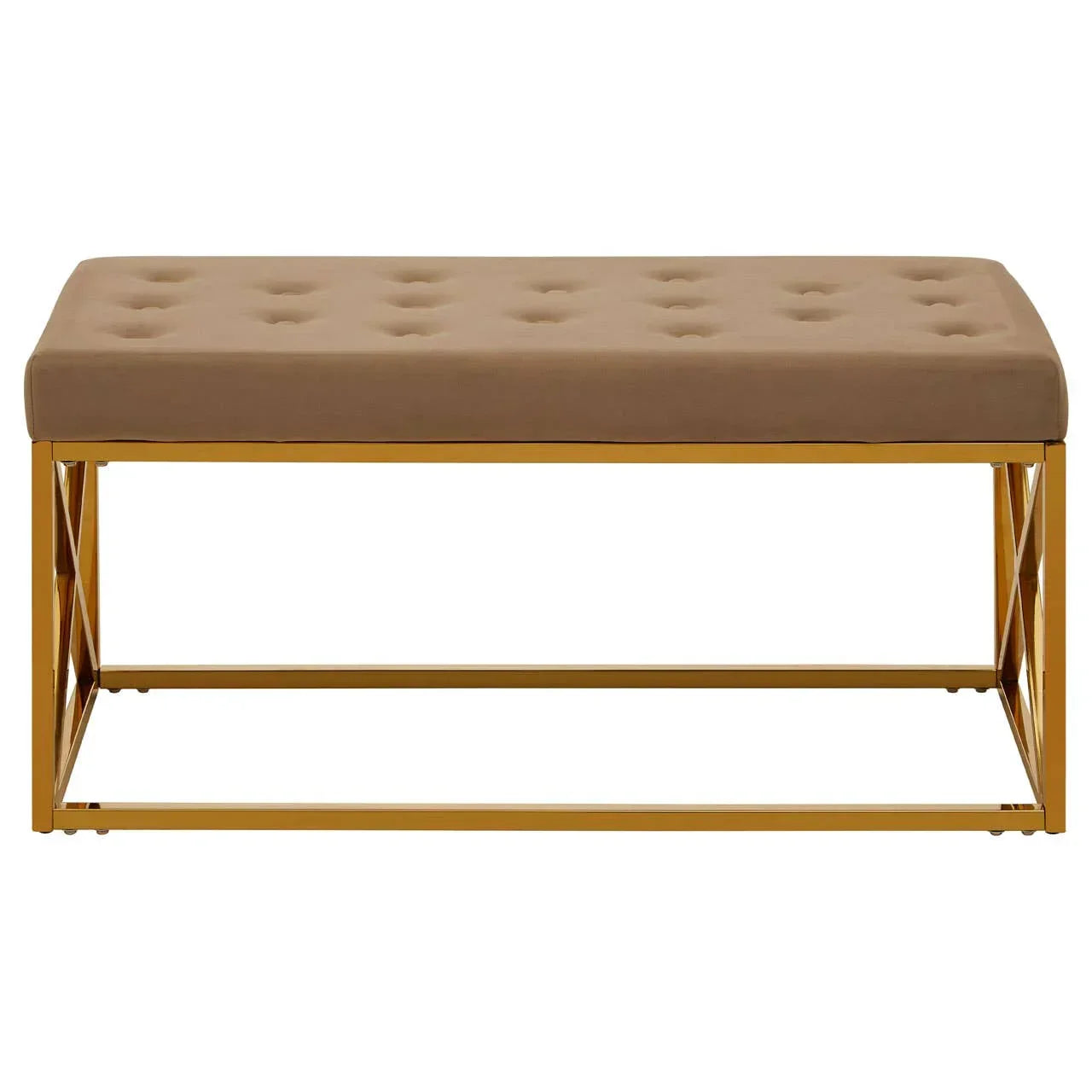 Beige upholstered bench with tufted seat and gold metal frame, front view