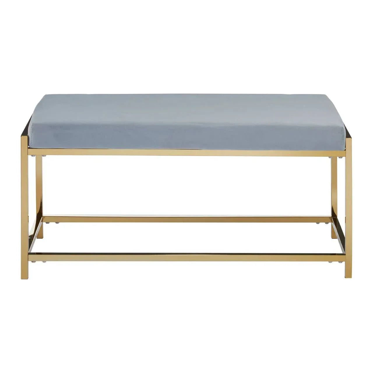Gold metal bench with blue upholstered cushion, modern design, front view