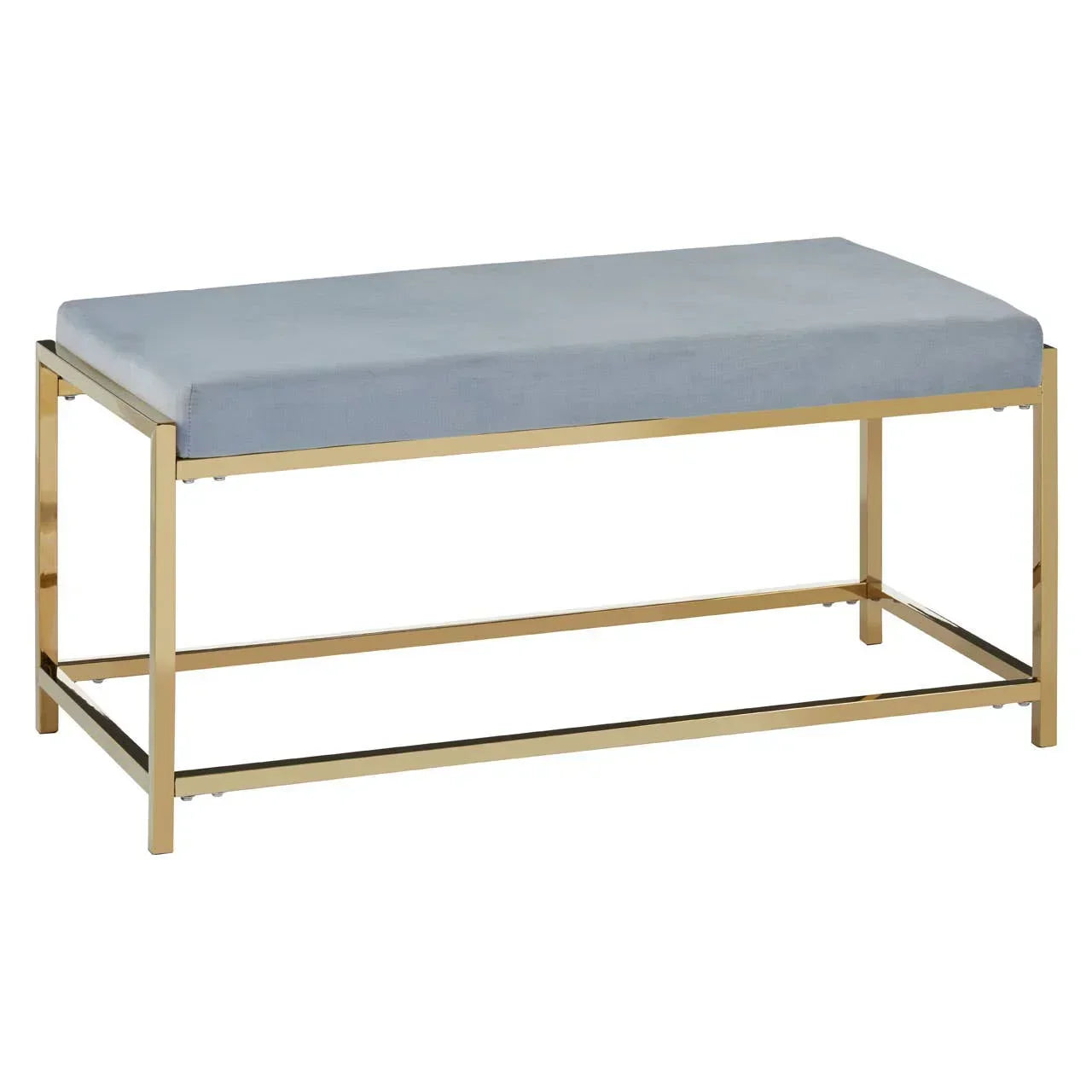 Gold metal frame bench with light grey upholstered seat, modern style furniture