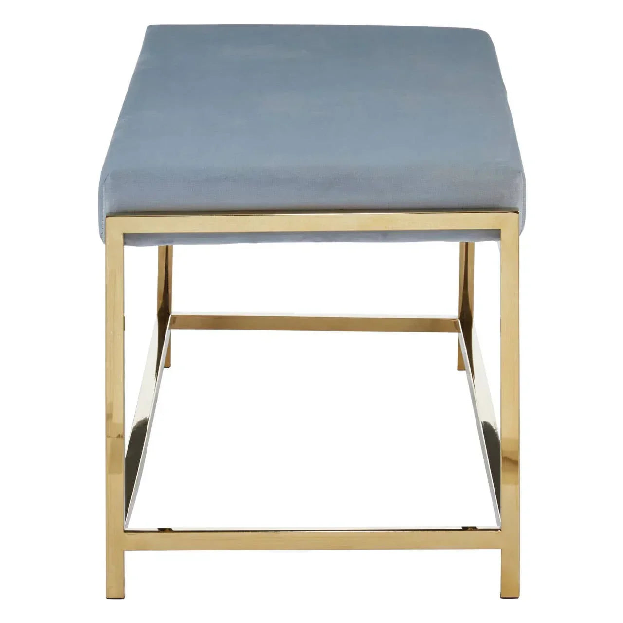 Blue velvet bench with gold metal frame, viewed from the front