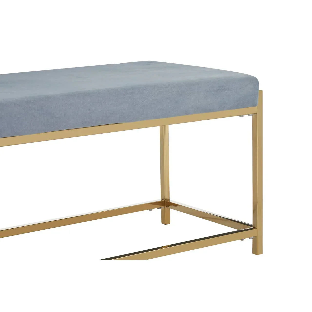Bench with light grey cushion and gold metal frame, shown from side angle