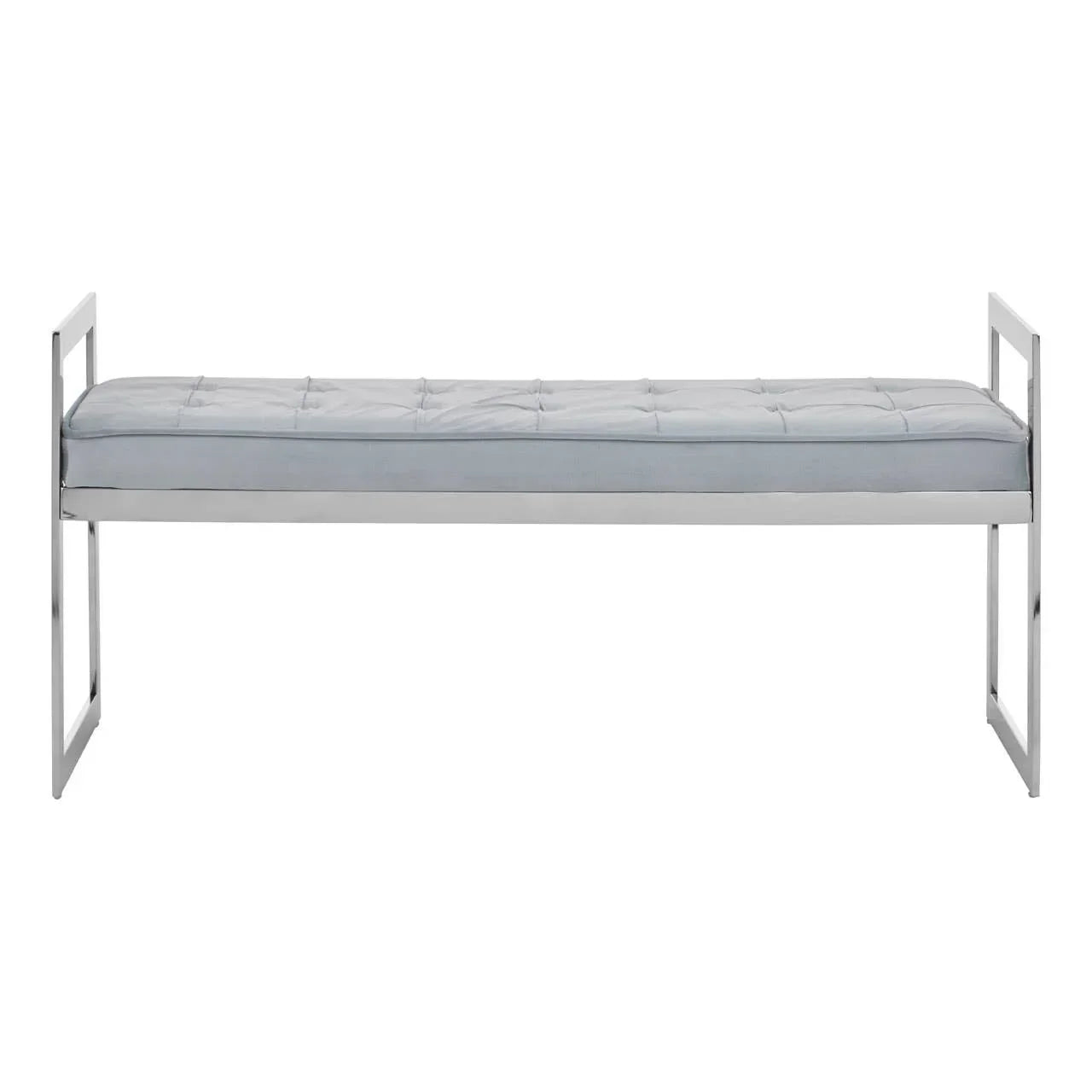 Modern bench with light grey tufted cushion and chrome legs, front view