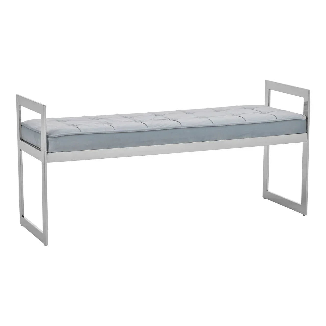 modern bench with silver metal frame and light grey cushion