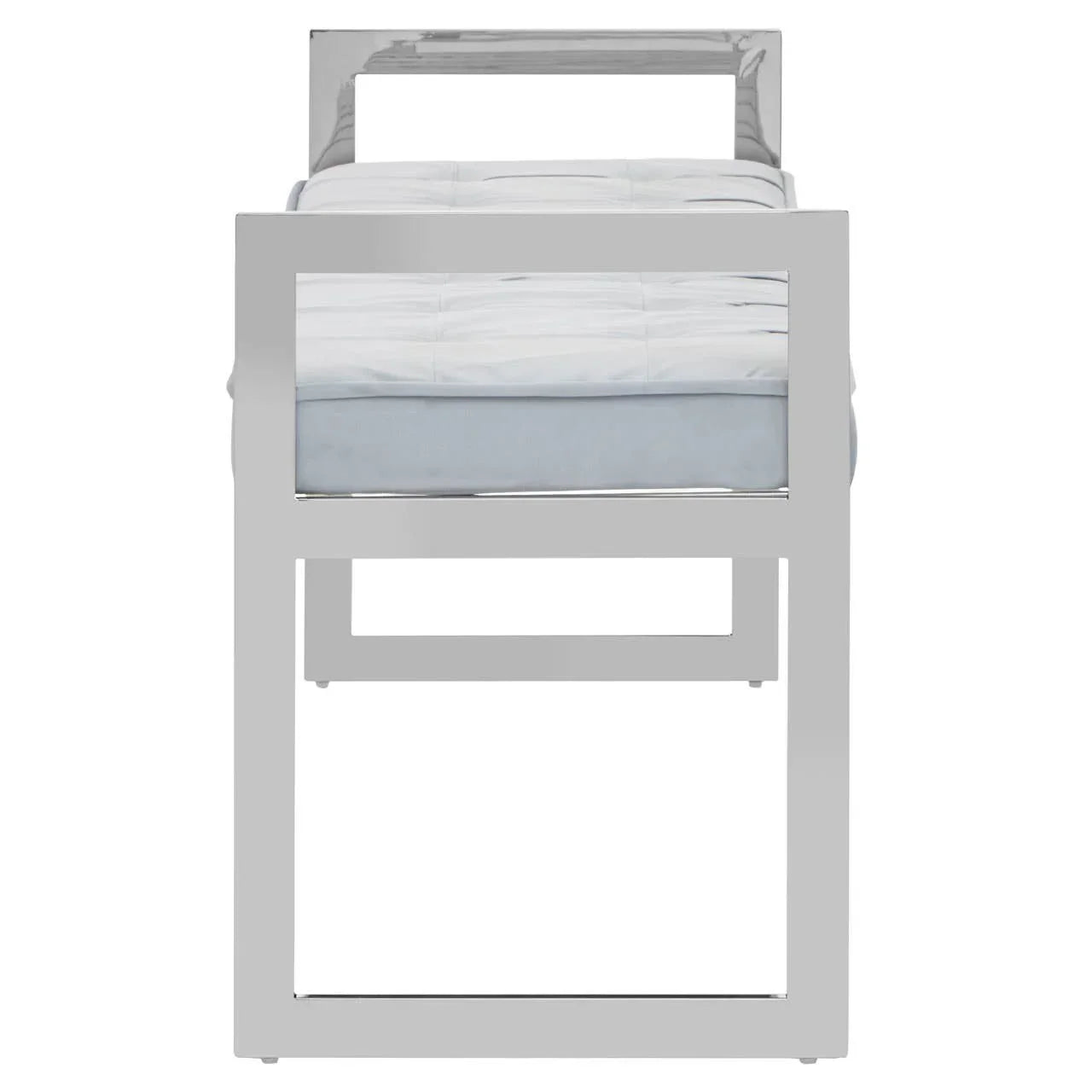 Front view of modern chrome armchair with light grey seat cushion