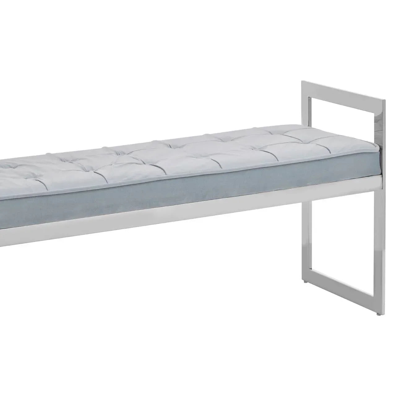 Chrome frame bench with light blue upholstered seat and tufted cushion, side angle view