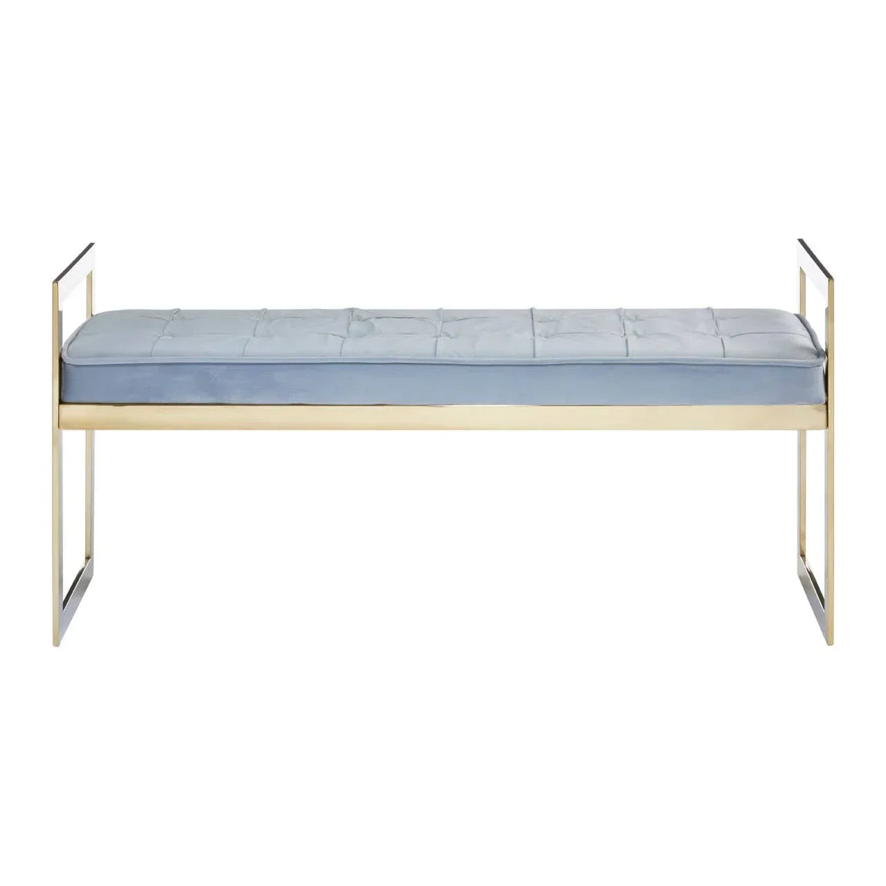 Gold metal bench with light blue tufted seat cushion, modern rectangular frame, front view