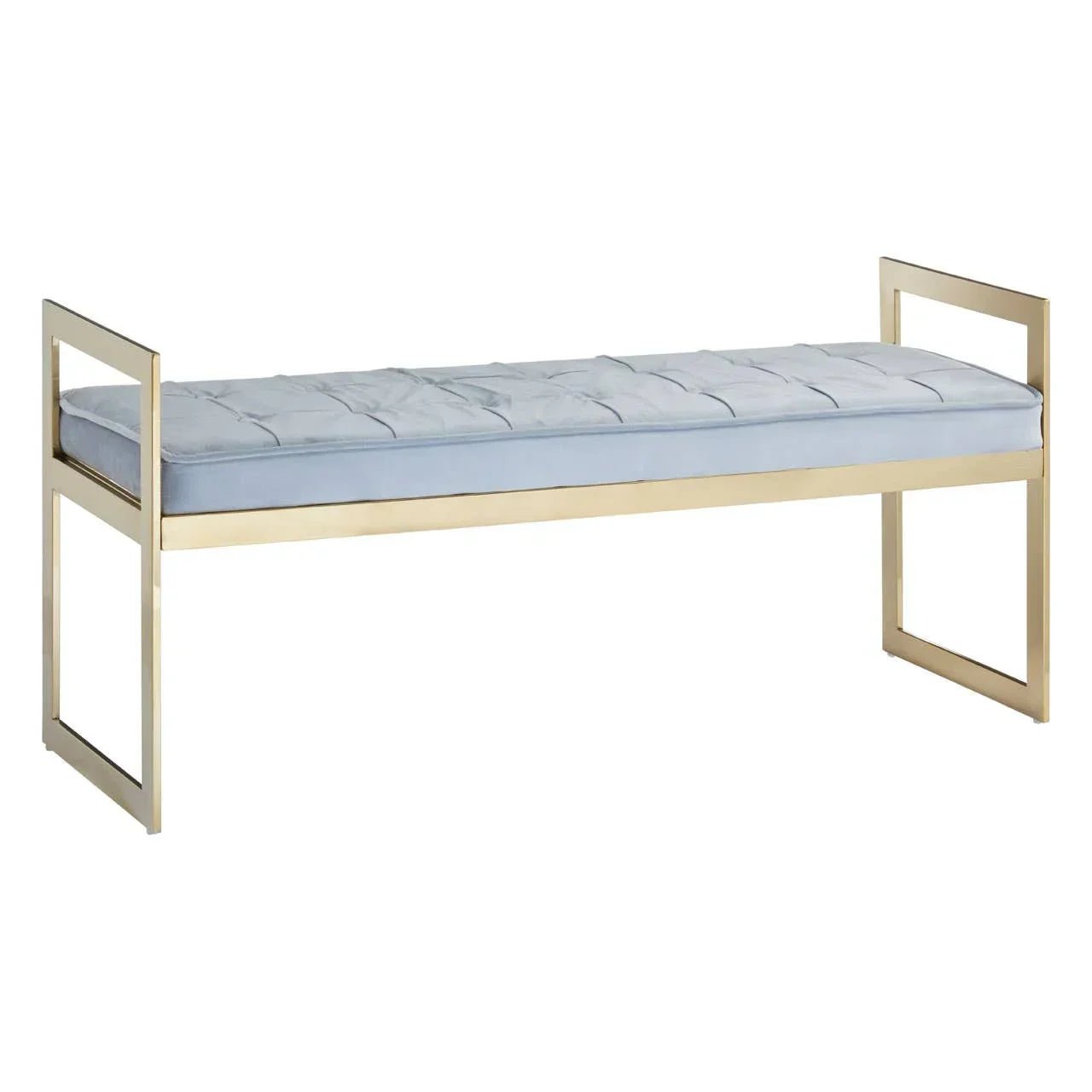Gold metal bench with light blue tufted cushion and open rectangular side frames