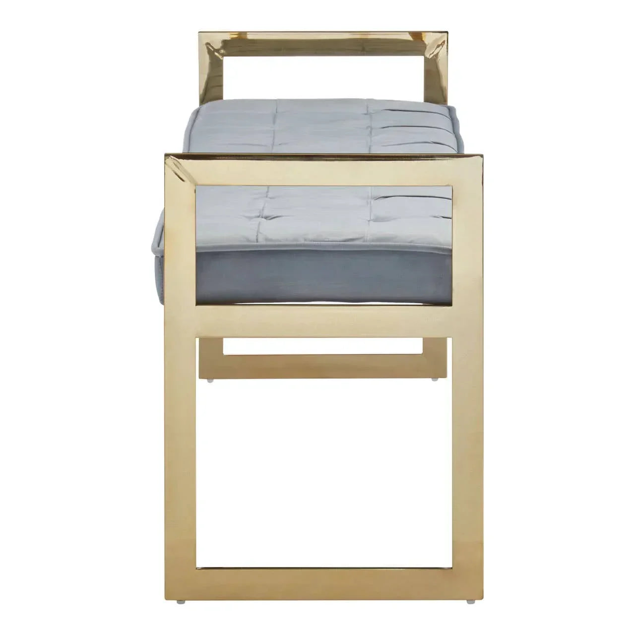 Gold metal frame bench with grey tufted cushion, side angle view