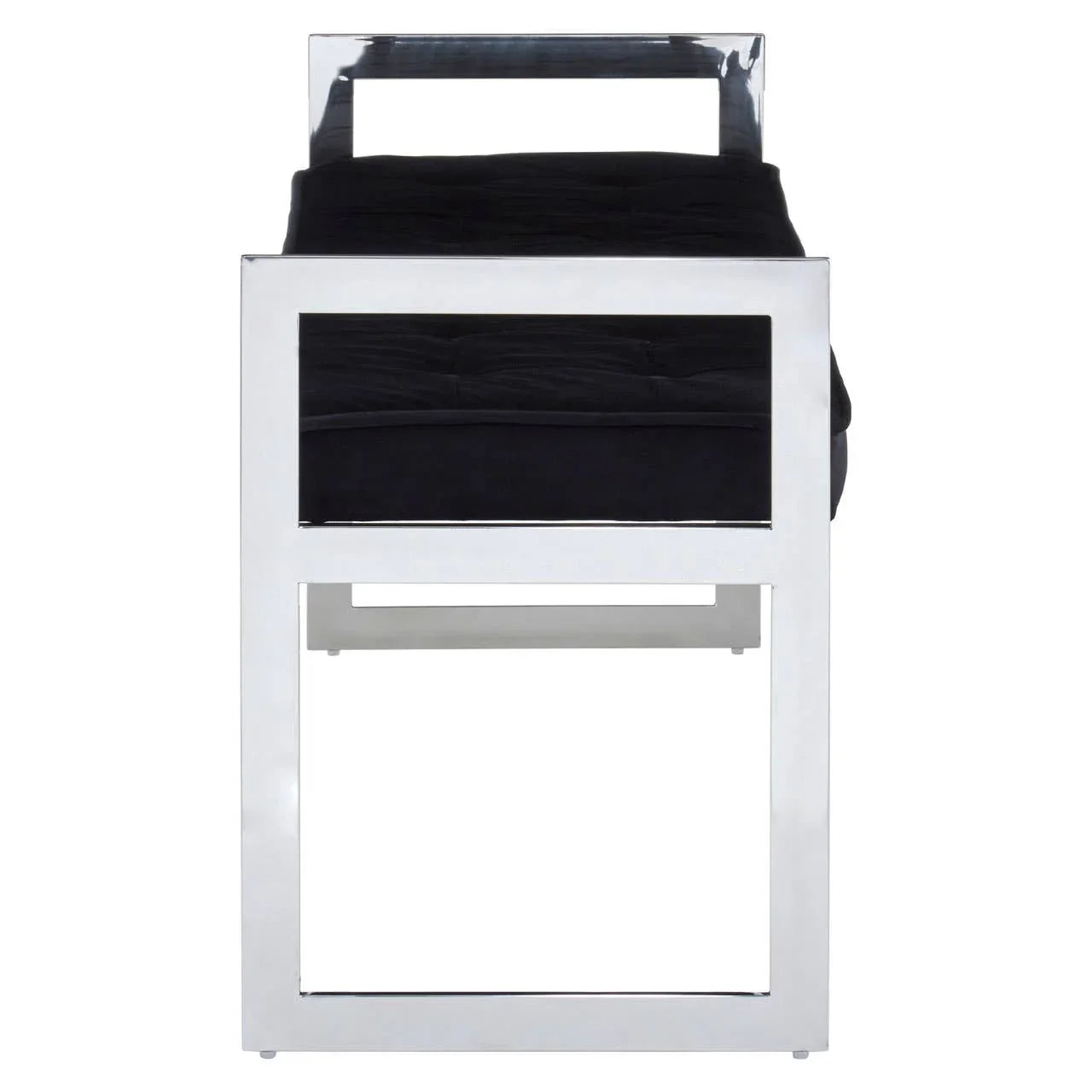 Modern dining chair with chrome metal frame and black upholstered seat, front view