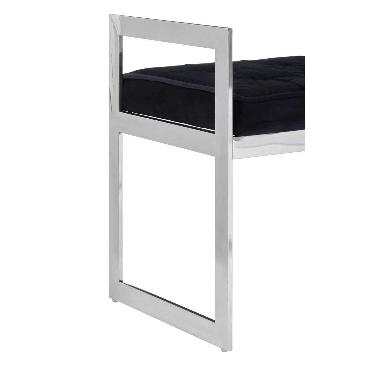 Modern dining chair with chrome frame and black upholstered seat side view
