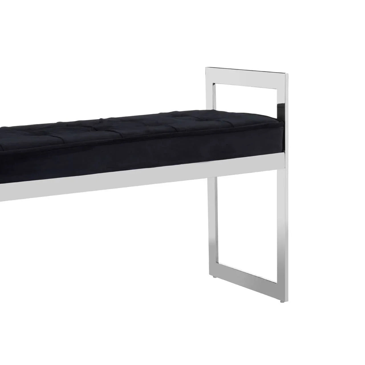 Chrome frame bench with black cushioned seat, side angle view