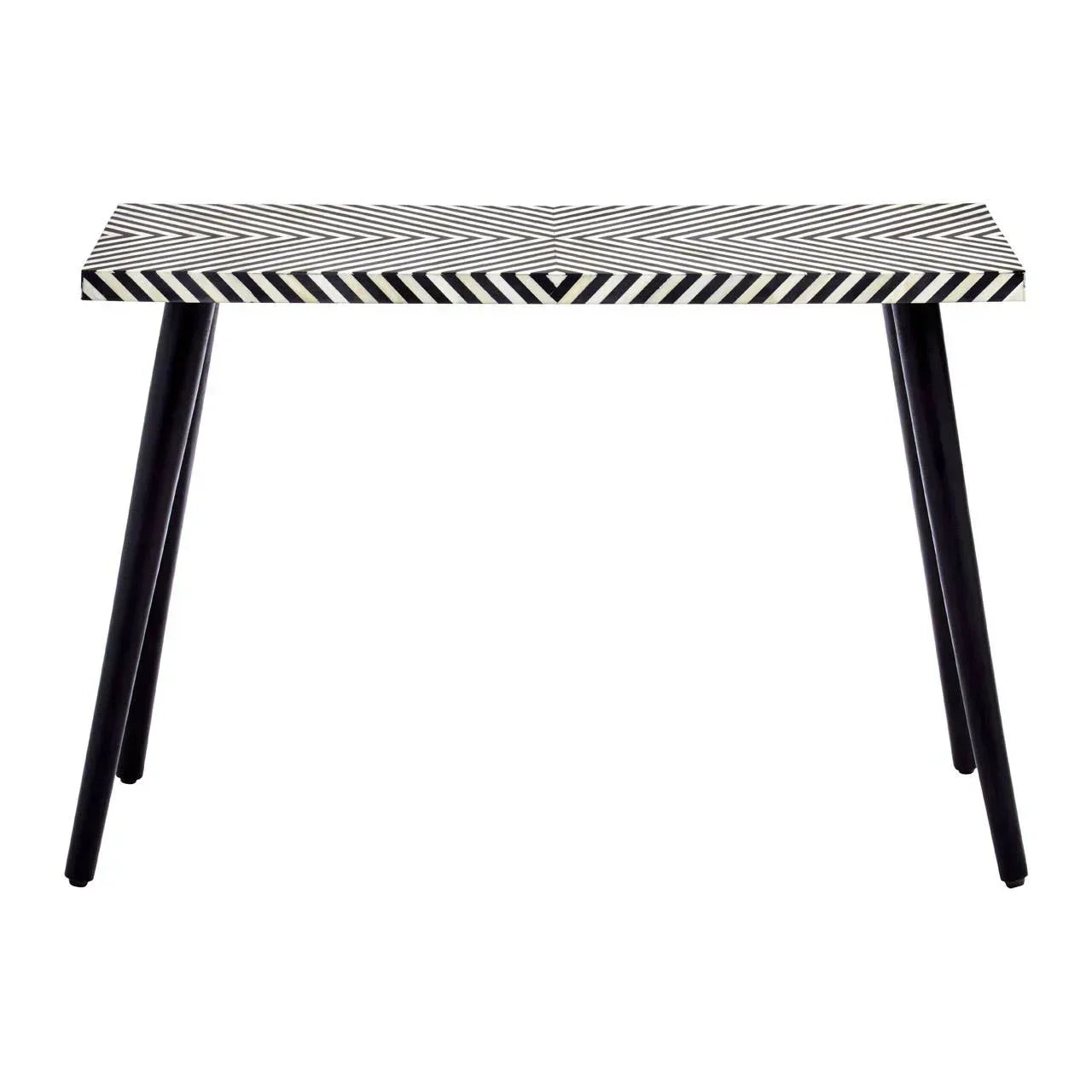 Chevron pattern console table with black legs and monochrome tabletop