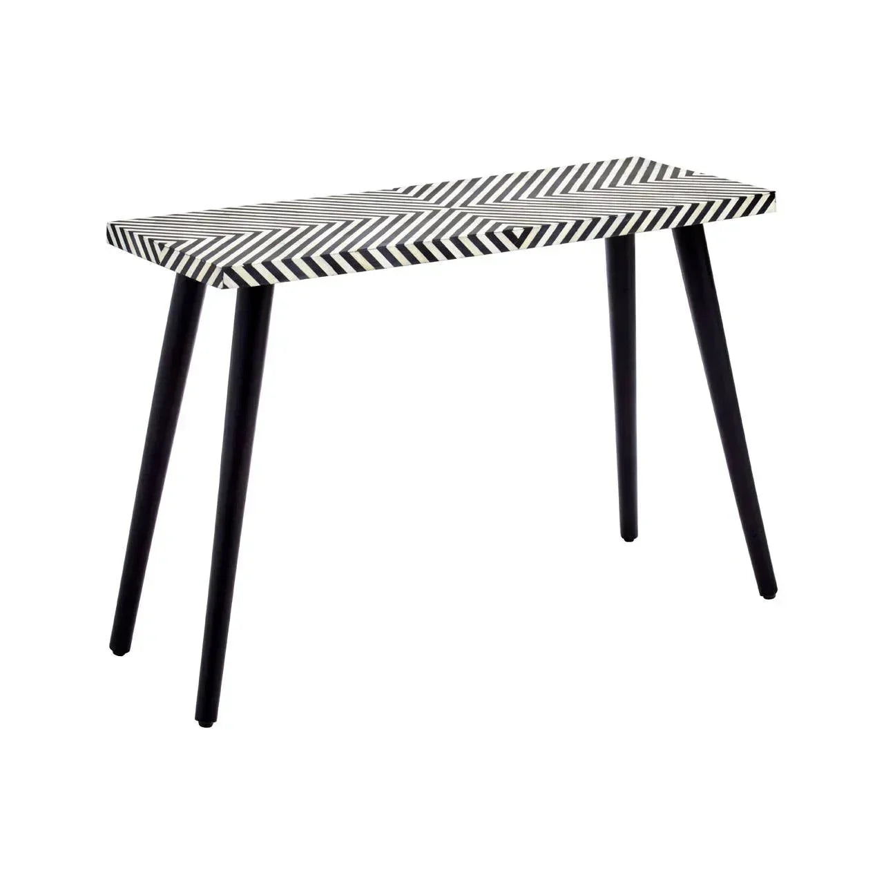 Black and white chevron console table with slim black legs on white background